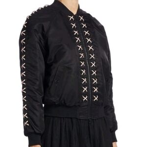 Cinq à Sept Black Bomber Jacket with Cross Stitch Accents